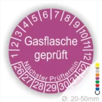 Runder Aufkleber für die Prüfung von Gasflaschen mit dem Text "Gasflasche geprüft" und dem Hinweis auf den nächsten Prüftermin. Größe: Ø 20-50 mm.