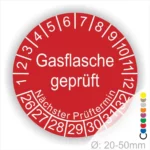 Runder Prüfaufkleber für Gasflaschen mit der Aufschrift "Gasflasche geprüft" und Angaben zum nächsten Prüftermin, geeignet für Flaschen mit einem Durchmesser von 20-50 mm.