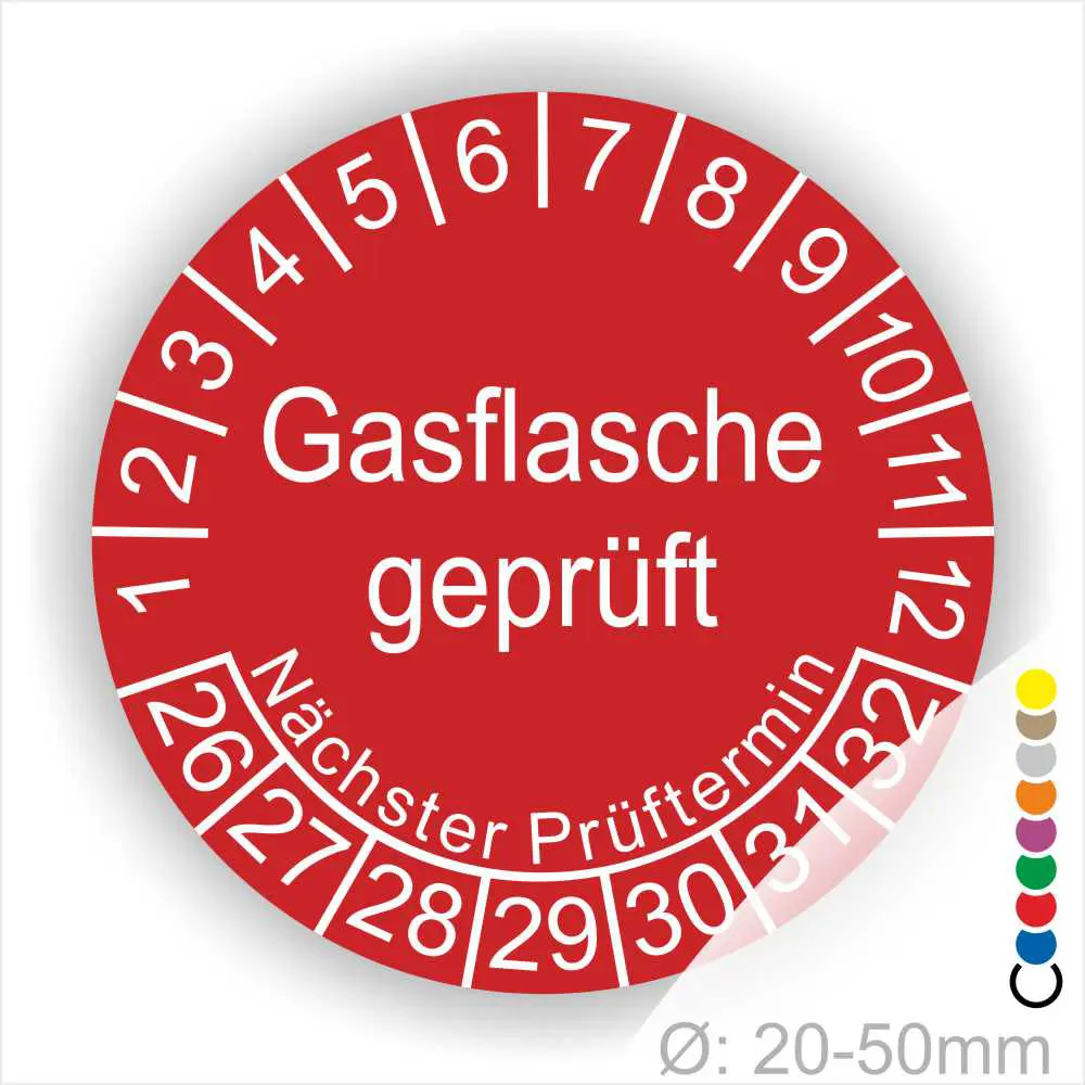 Runder Prüfaufkleber für Gasflaschen mit der Aufschrift "Gasflasche geprüft" und Angaben zum nächsten Prüftermin, geeignet für Flaschen mit einem Durchmesser von 20-50 mm.