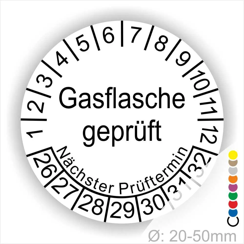 Alt-Text: Prüfsiegel für Gasflaschen mit dem Hinweis "Gasflasche geprüft" und dem nächsten Prüftermin, dargestellt in einem runden Format mit Ziffern von 1 bis 32, geeignet für Gasflaschen mit einem Durchmesser von 20-50 mm.