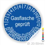 Blaues Prüfplakett für Gasflaschen mit dem Text "Gasflasche geprüft" und Angaben zum nächsten Prüftermin, geeignet für Flaschen mit einem Durchmesser von 20-50 mm.