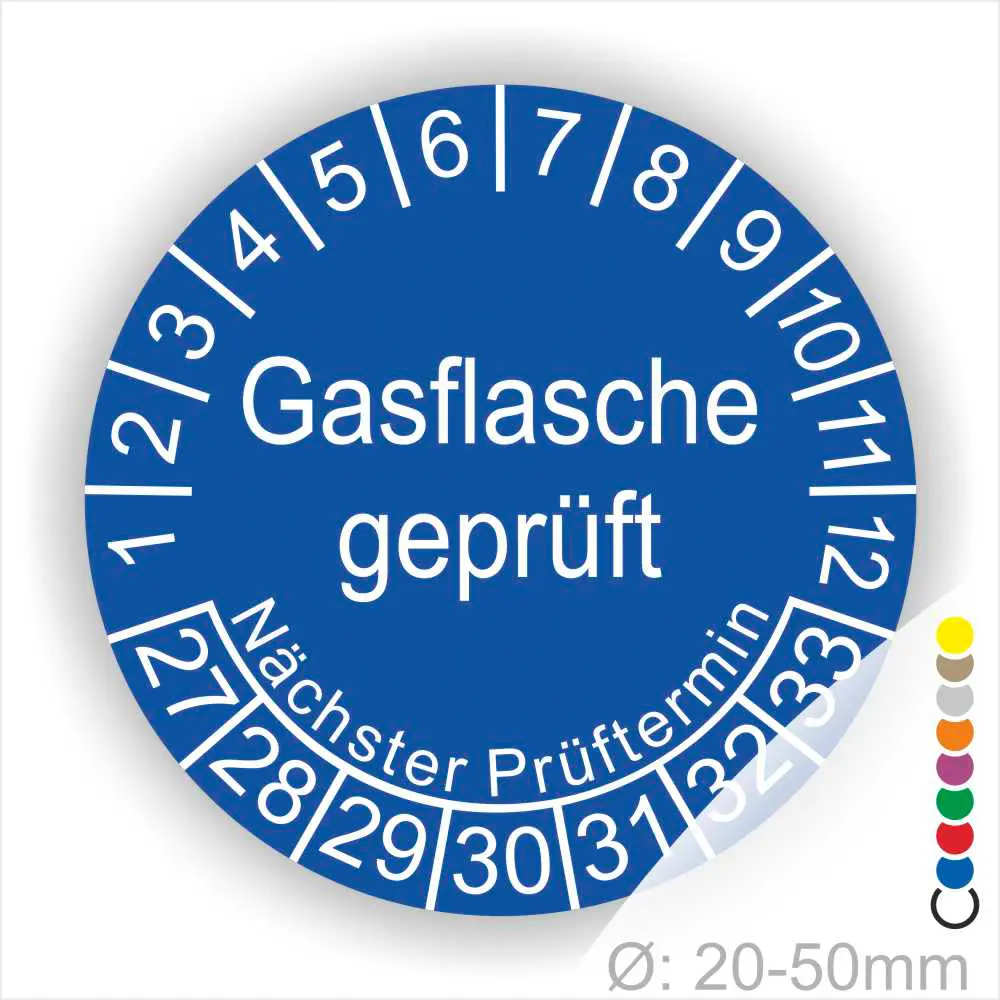 Blaues Prüfplakett für Gasflaschen mit dem Text "Gasflasche geprüft" und Angaben zum nächsten Prüftermin, geeignet für Flaschen mit einem Durchmesser von 20-50 mm.
