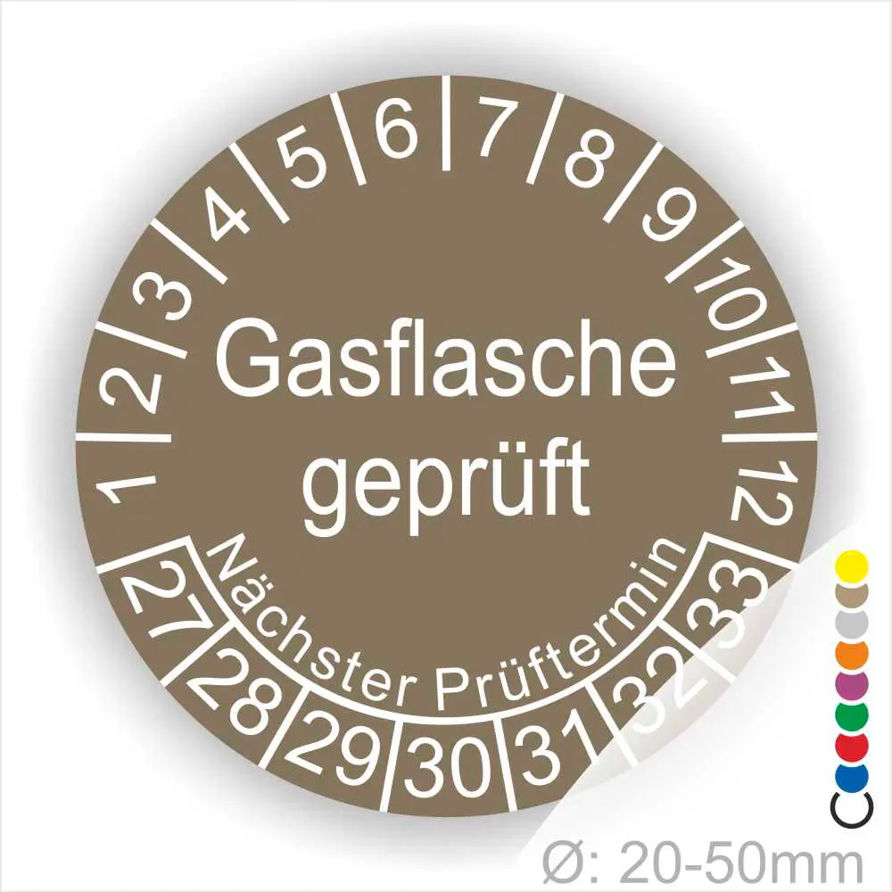Runder Aufkleber zur Kennzeichnung geprüfter Gasflaschen mit dem Hinweis "Gasflasche geprüft" und Angaben zum nächsten Prüftermin, geeignet für Flaschen mit einem Durchmesser von 20-50 mm.