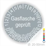 Gasflaschenprüfsiegel mit Angaben zum nächsten Prüftermin, geeignet für Flaschen mit einem Durchmesser von 20-50 mm.