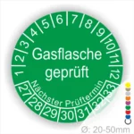 Grüner Prüfaufkleber für Gasflaschen mit dem Text "Gasflasche geprüft" und Angaben zum nächsten Prüftermin, geeignet für Flaschen mit einem Durchmesser von 20-50 mm.