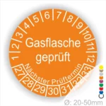 Runder Aufkleber zur Kennzeichnung der Prüfung von Gasflaschen, orangefarben mit der Aufschrift "Gasflasche geprüft" und dem Hinweis auf den nächsten Prüftermin. Geeignet für Gasflaschen mit einem Durchmesser von 20-50 mm.
