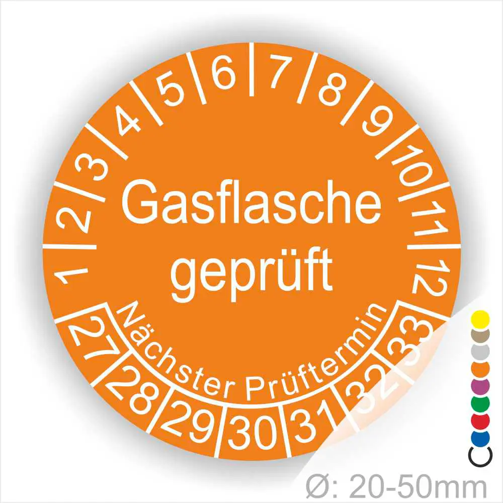 Runder Aufkleber zur Kennzeichnung der Prüfung von Gasflaschen, orangefarben mit der Aufschrift "Gasflasche geprüft" und dem Hinweis auf den nächsten Prüftermin. Geeignet für Gasflaschen mit einem Durchmesser von 20-50 mm.