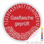 Runder Aufkleber zur Kennzeichnung von geprüften Gasflaschen mit dem Text "Gasflasche geprüft" und Angaben zum nächsten Prüftermin. Ideal für die Sicherheit von Gasflaschen im Einsatz.