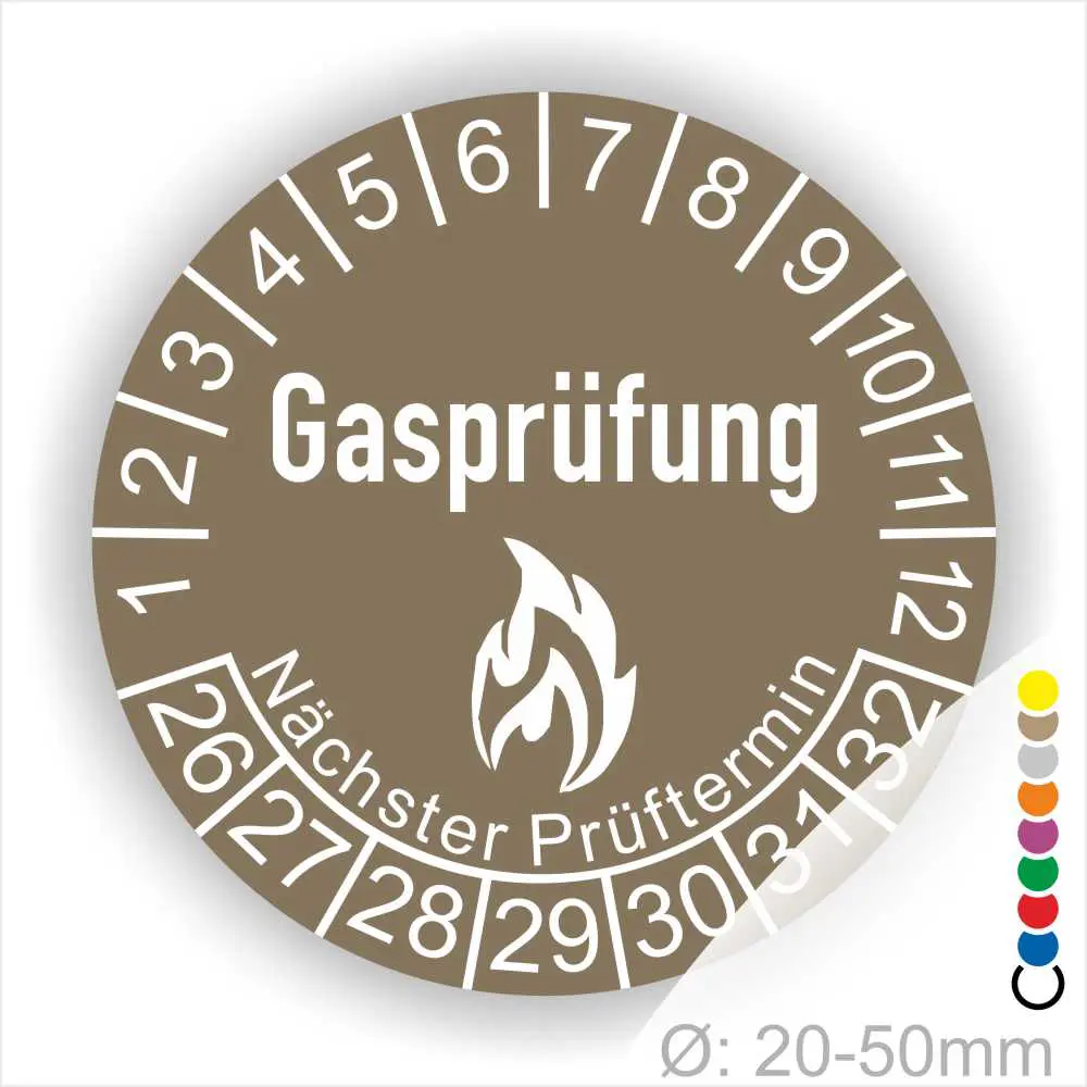 Brauen Gasprüfungslabel mit dem Text "Gasprüfung" und "Nächster Prüftermin" Kennzeichnung der nächsten Gasprüfung mit Feuer-Icon und Zahlen von 1 bis 12 Monatszahlen und 26-32 Jahreszahlen. Ideal für die Sicherheit von Gasinstallationen. Durchmesser 20-50 mm.