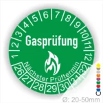 Grünes Gasprüfungslabel mit den Zahlen 1 bis 12 und dem Hinweis auf den nächsten Prüftermin. Ideal für die Kennzeichnung von Gasprüfungen in Anlagen.
