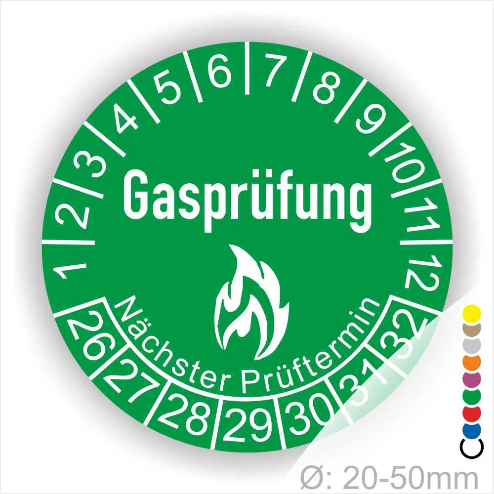 Grünes Gasprüfungslabel mit den Zahlen 1 bis 12 und dem Hinweis auf den nächsten Prüftermin. Ideal für die Kennzeichnung von Gasprüfungen in Anlagen.