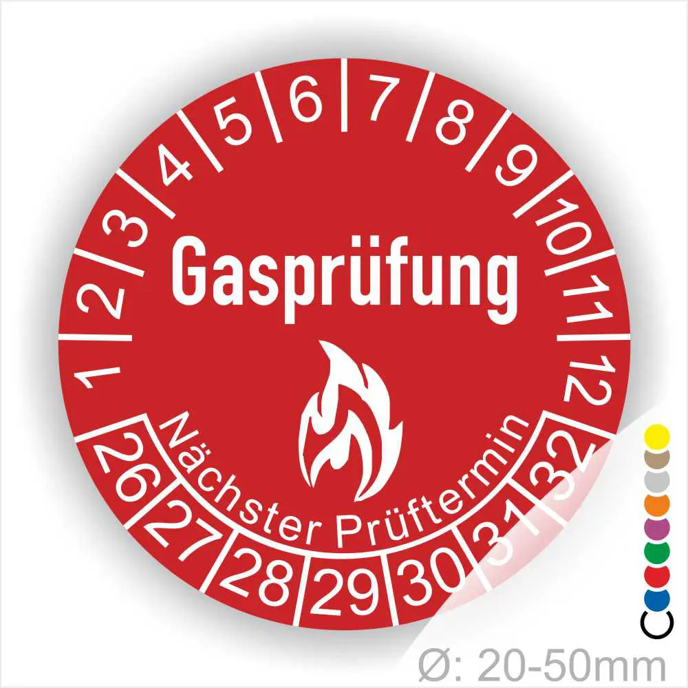 Rotes Gasprüfungslabel mit dem Text "Gasprüfung" und "Nächster Prüftermin" Kennzeichnung der nächsten Gasprüfung mit Feuer-Icon und Zahlen von 1 bis 12 Monatszahlen und 26-32 Jahreszahlen. Ideal für die Sicherheit von Gasinstallationen. Durchmesser 20-50 mm.