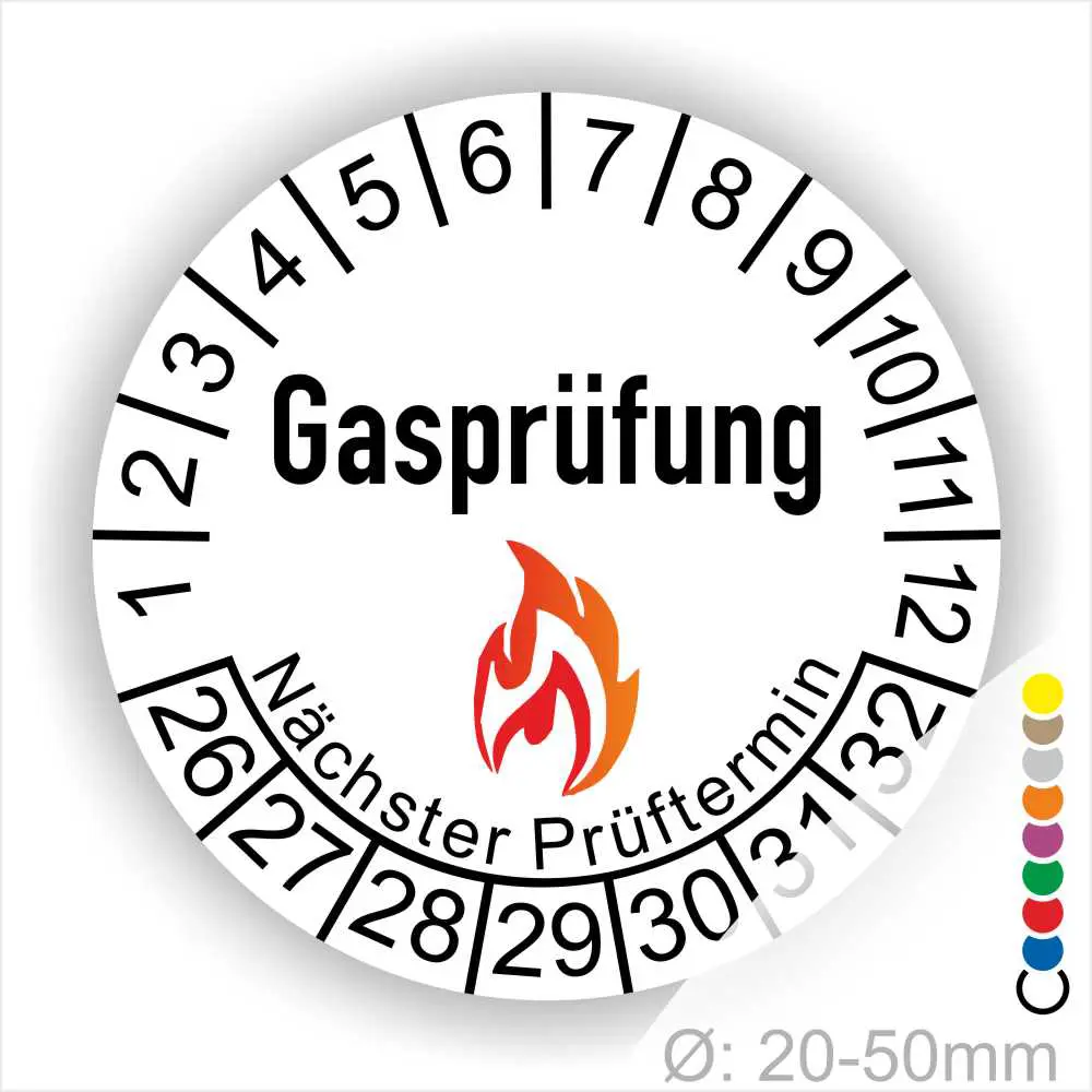 Gasprüfungsmarkierung mit dem nächsten Prüftermin und einem Sicherheitsfeuer-Symbol, geeignet für die Kennzeichnung von Gasprüfungen im Durchmesser von 20-50 mm.