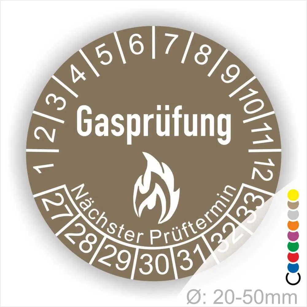 Runder Aufkleber für Gasprüfungen mit dem Text „Gasprüfung“ und einer Flamme. Zeigt die nächsten Prüftermine in einem nummerierten Kreis und hat einen Durchmesser von 20-50 mm.