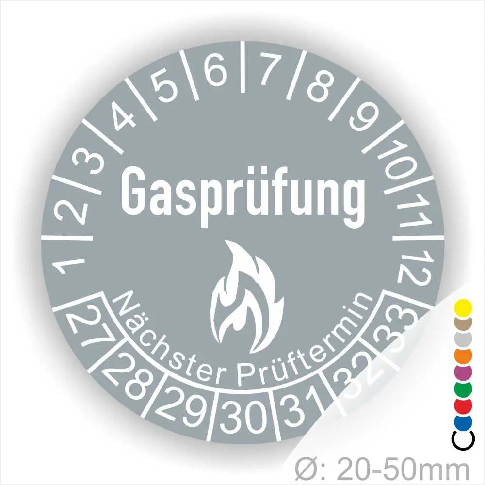 Gasprüfplakette mit nächstem Prüfungstermin, Durchmesser 20-50 mm, zur Kennzeichnung von Gasprüfungen in sicherheitsrelevanten Bereichen.