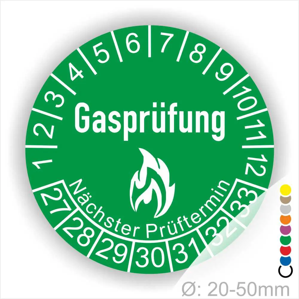 Grünes Prüfzeichen für Gasprüfungen mit der Beschriftung "Gasprüfung" und dem Hinweis "Nächster Prüftermin". Die Skala zeigt die Monate des Jahres und ist für Durchmesser von 20-50 mm geeignet.