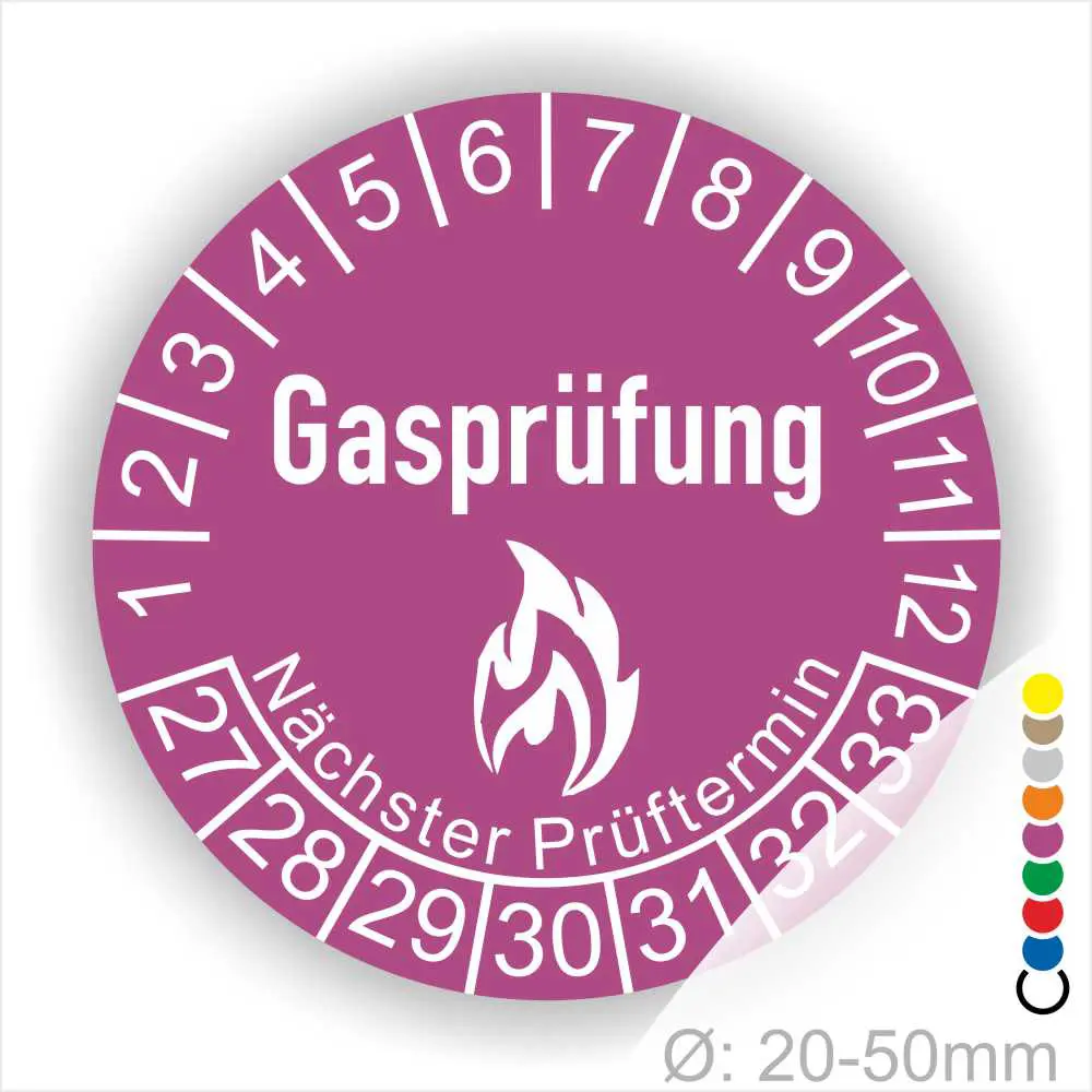 Runder Aufkleber für Gasprüfungen mit der Aufschrift "Gasprüfung" und dem Hinweis auf den nächsten Prüftermin. Die Skala zeigt die Monate von 1 bis 12 und die Tage von 1 bis 31. Farbige Markierungen zur Kennzeichnung. Durchmesser von 20-50 mm.