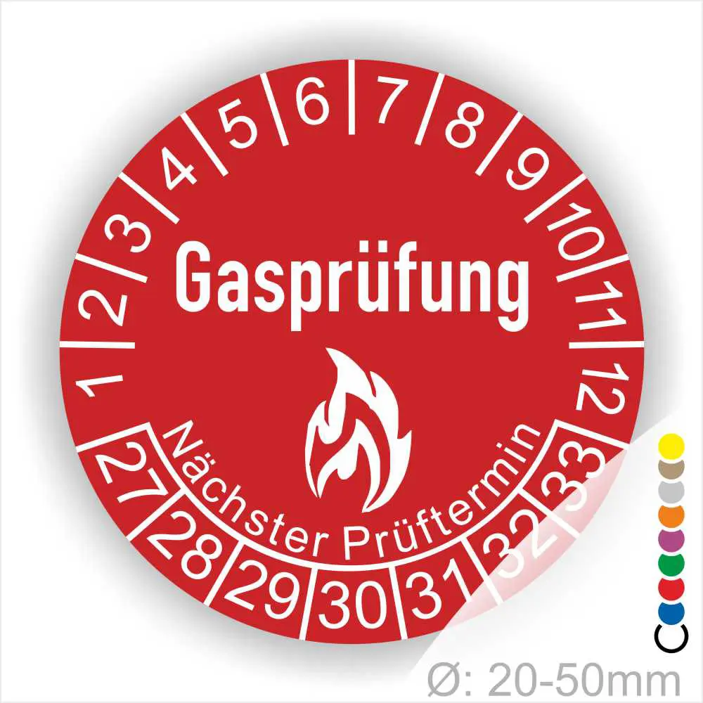 Gasprüfung Prüfplakette rot mit Flammensymbol, Monatsring 1–12 und Jahresfeld ab 2027 zur Kennzeichnung des nächsten Prüftermins bei Gasinstallationen