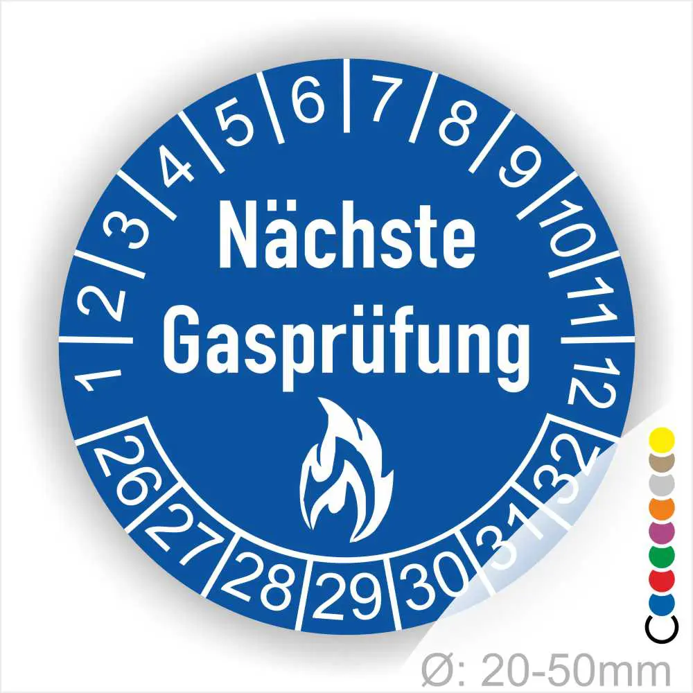 Blaues Schild mit der Aufschrift "Nächste Gasprüfung" und Zahlen von 1 bis 32, um den nächsten Prüftermin zu kennzeichnen. Symbol eines Feuers im unteren Bereich, geeignet für Gasinstallationen. Durchmesser von 20-50 mm.