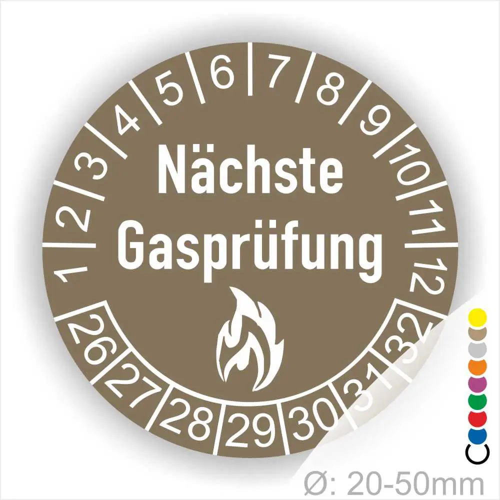 Runde Gasprüfungsmarkierung mit der Aufschrift "Nächste Gasprüfung" und Zahlen von 1 bis 31, Durchmesser 20-50 mm, geeignet zur Kennzeichnung von Prüfintervallen.