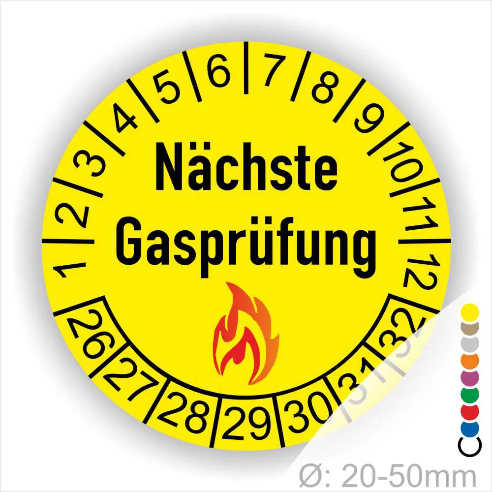Gelbes Prüfzeichen mit dem Text "Nächste Gasprüfung" und einer Feuer-Symbolik, umgeben von Zahlen von 1 bis 30, zur Kennzeichnung des nächsten Fälligkeitstermins für Gasprüfungen.