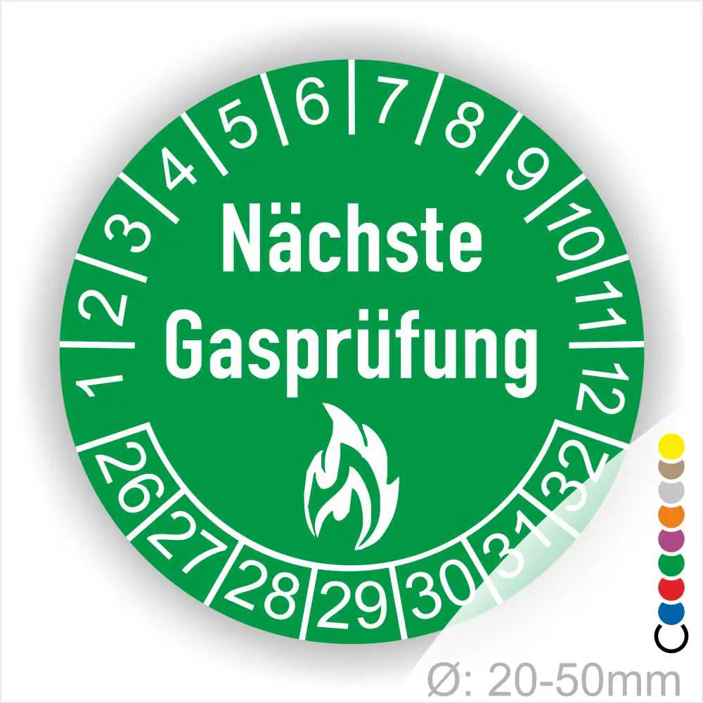 Runder Aufkleber zur Kennzeichnung des nächsten Gasprüfungsdatums, grün mit weißen Zahlen und dem Text "Nächste Gasprüfung" sowie einem Flammensymbol. Ideal für die sichere Nutzung von Gasgeräten. Durchmesser 20-50 mm.