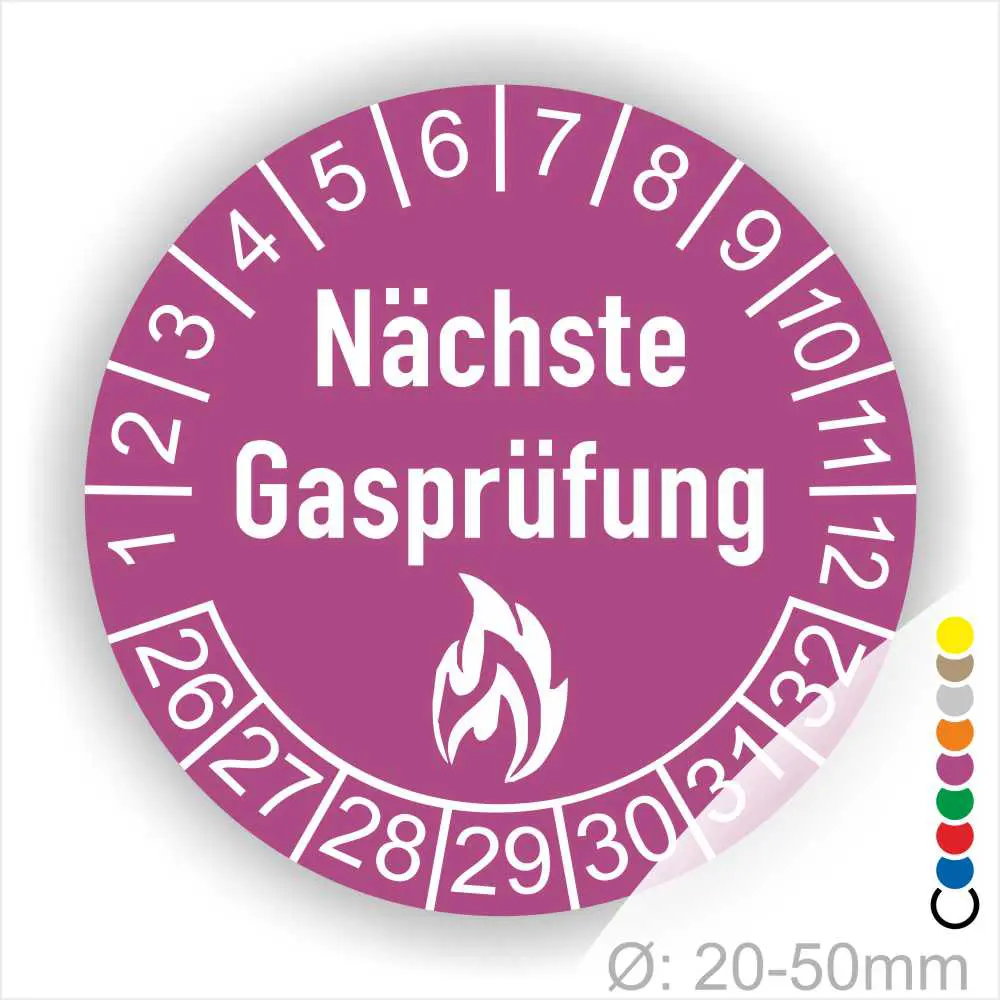 Runder Aufkleber für die nächste Gasprüfung mit Zahlen von 1 bis 32 und Flammensymbol, Durchmesser 20-50 mm, in lila.