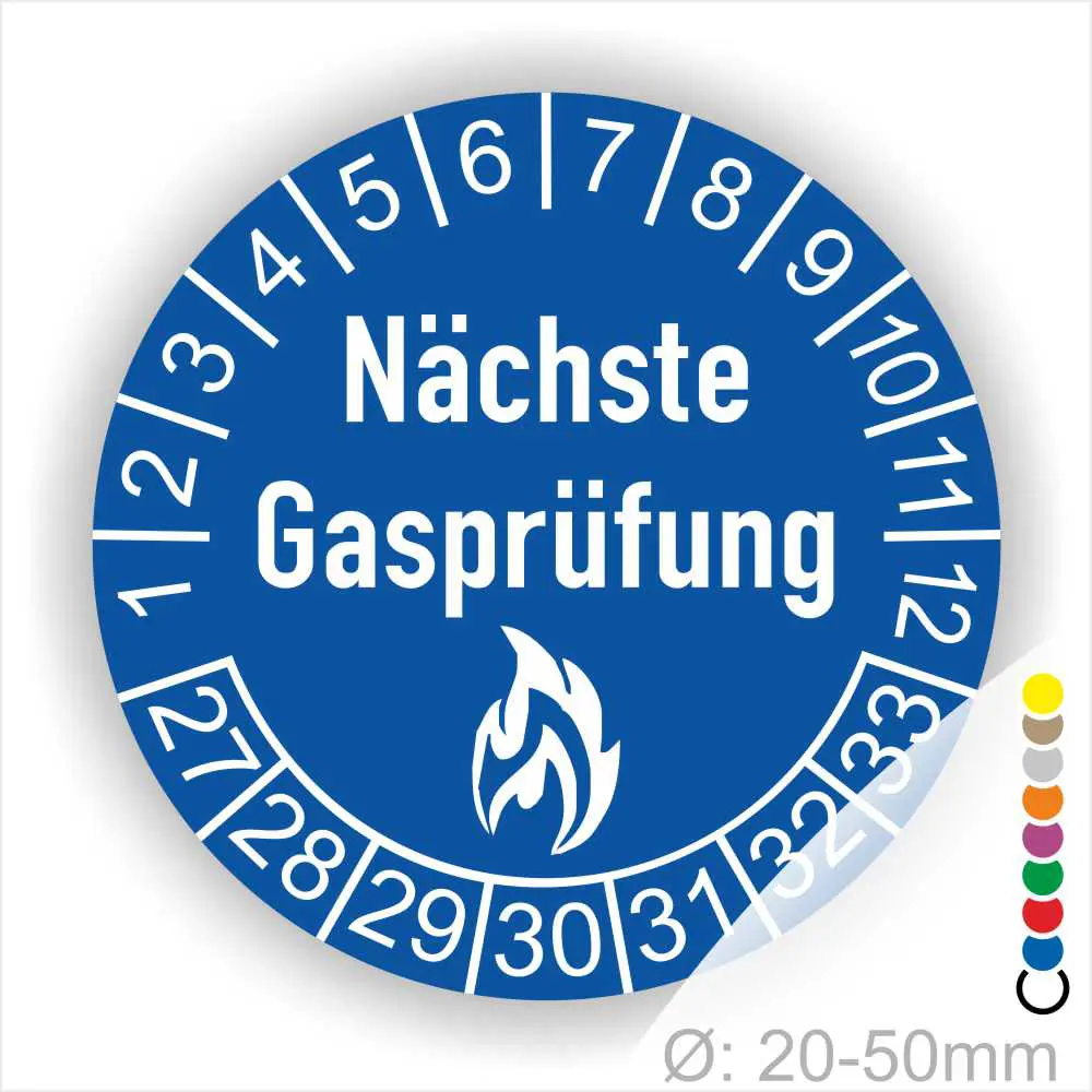 Runder Aufkleber in Blau zur Kennzeichnung der nächsten Gasprüfung mit Feuer-Icon und Zahlen von 1 bis 12 Monatszahlen und 27-33 Jahreszahlen. Ideal für die Sicherheit von Gasinstallationen. Durchmesser 20-50 mm.