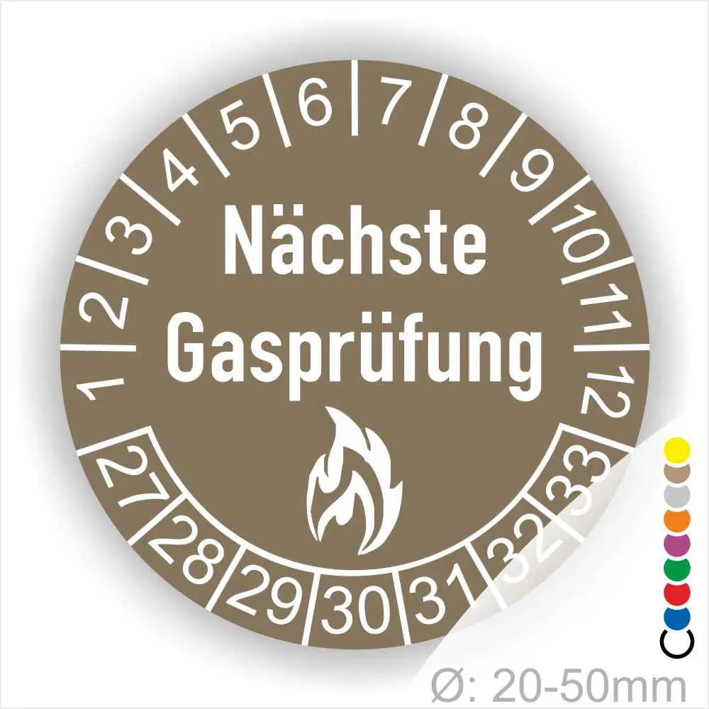Runder Aufkleber in Braun der nächsten Gasprüfung mit Feuer-Icon und Zahlen von 1 bis 12 Monatszahlen und 27-33 Jahreszahlen. Ideal für die Sicherheit von Gasinstallationen. Durchmesser 20-50 mm.