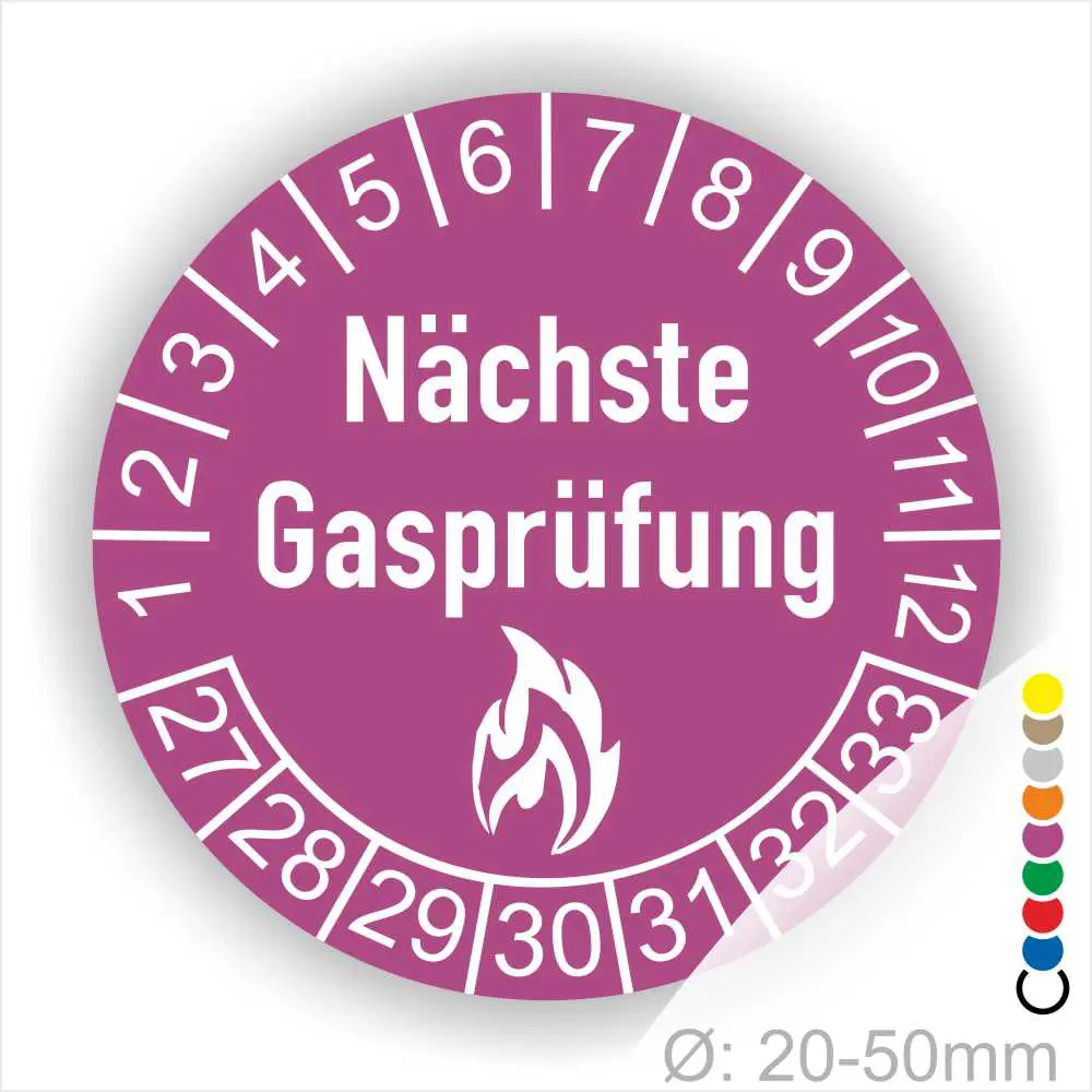 Runder Aufkleber in Lila zur Kennzeichnung der nächsten Gasprüfung mit Feuer-Icon und Zahlen von 1 bis 12 Monatszahlen und 27-33 Jahreszahlen. Ideal für die Sicherheit von Gasinstallationen. Durchmesser 20-50 mm.