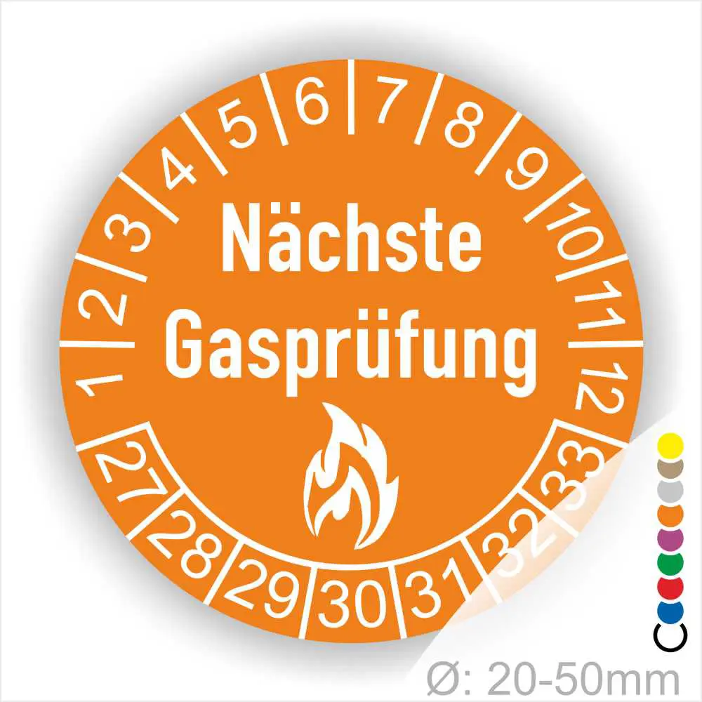 Runder Aufkleber in Orange zur Kennzeichnung der nächsten Gasprüfung mit Feuer-Icon und Zahlen von 1 bis 12 Monatszahlen und 27-33 Jahreszahlen. Ideal für die Sicherheit von Gasinstallationen. Durchmesser 20-50 mm.