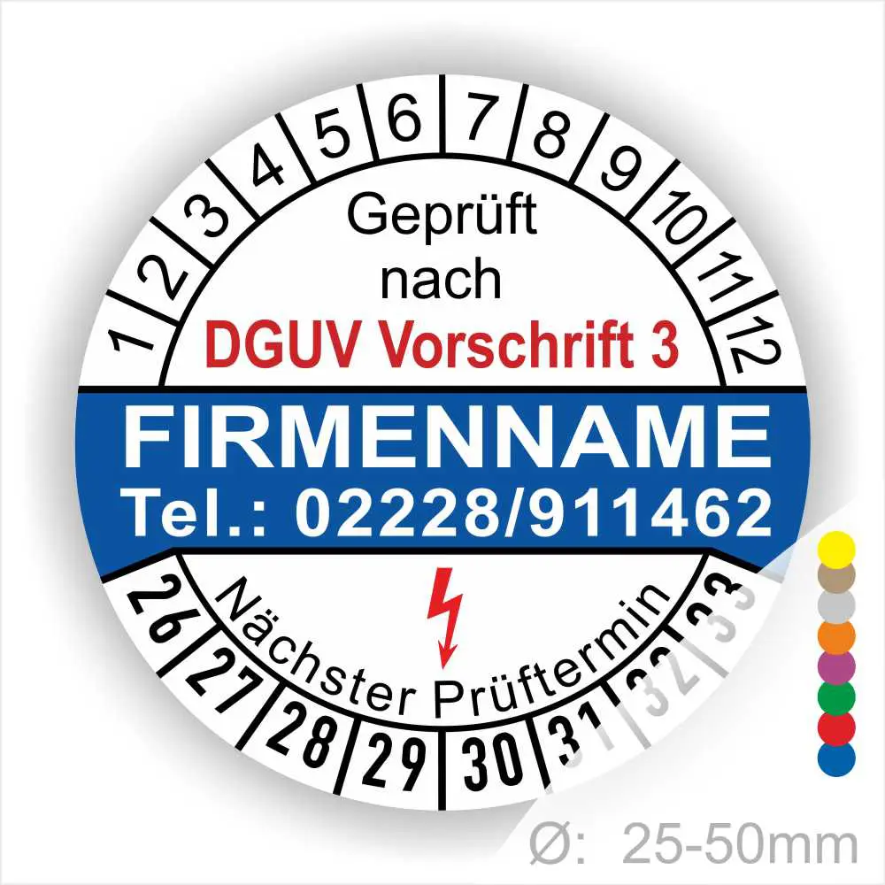 Prüfziffernblatt gemäß DGUV Vorschrift 3, mit Platz für Firmennamen und Kontaktdaten, zeigt nächsten Prüftermin und Durchmesser von 25-50 mm.