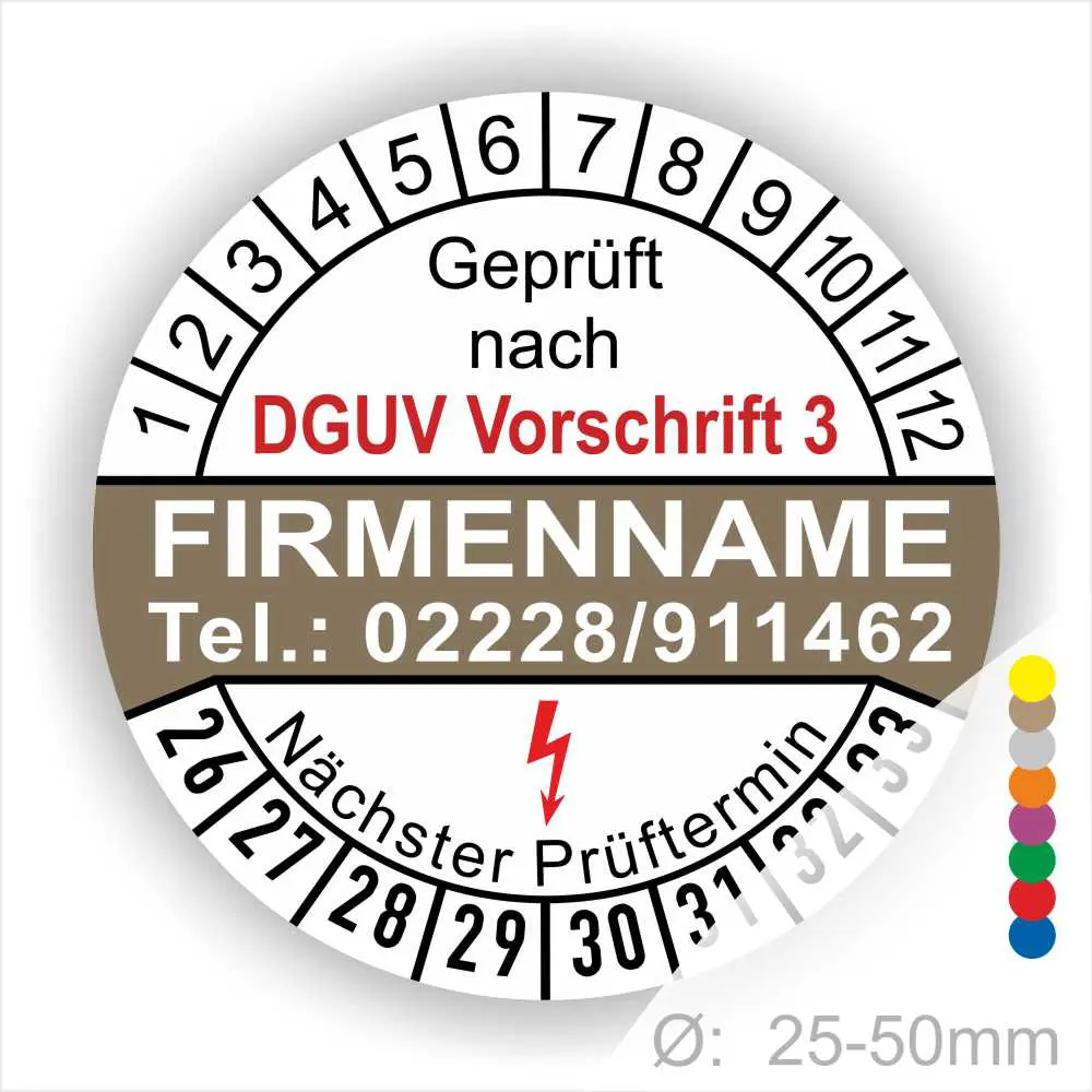 Prüfzertifikat nach DGUV Vorschrift 3 mit Platz für Firmenname und Telefonnummer, zeigt den nächsten Prüftermin und hat eine Durchmessergröße von 25-50 mm.