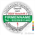 Alt-Text: Prüfplakette gemäß DGUV Vorschrift 3 mit Platz für Firmennamen und Kontaktdaten, zeigt den nächsten Prüftermin und einen Durchmesser von 25-50 mm.