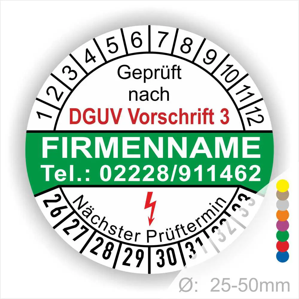Alt-Text: Prüfplakette gemäß DGUV Vorschrift 3 mit Platz für Firmennamen und Kontaktdaten, zeigt den nächsten Prüftermin und einen Durchmesser von 25-50 mm.