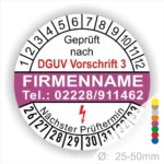 Prüfsiegel nach DGUV Vorschrift 3 mit Firmennamen und Kontaktdaten. Nächster Prüftermin auf dem Siegel angegeben, geeignet für Geräte mit einem Durchmesser von 25-50 mm.