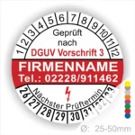 Prüfziffernblatt für DGUV Vorschrift 3 mit Platz für Firmennamen und Kontaktnummer, zeigt nächste Prüftermine und ist für Geräte mit einem Durchmesser von 25-50 mm geeignet.