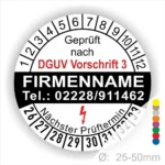 Prüfsiegel mit DGUV Vorschrift 3, Firmennamen und Kontaktdaten, nächste Prüftermin-Anzeige, Durchmesser 25-50mm. Ideal für Sicherheitsprüfungen in Unternehmen.