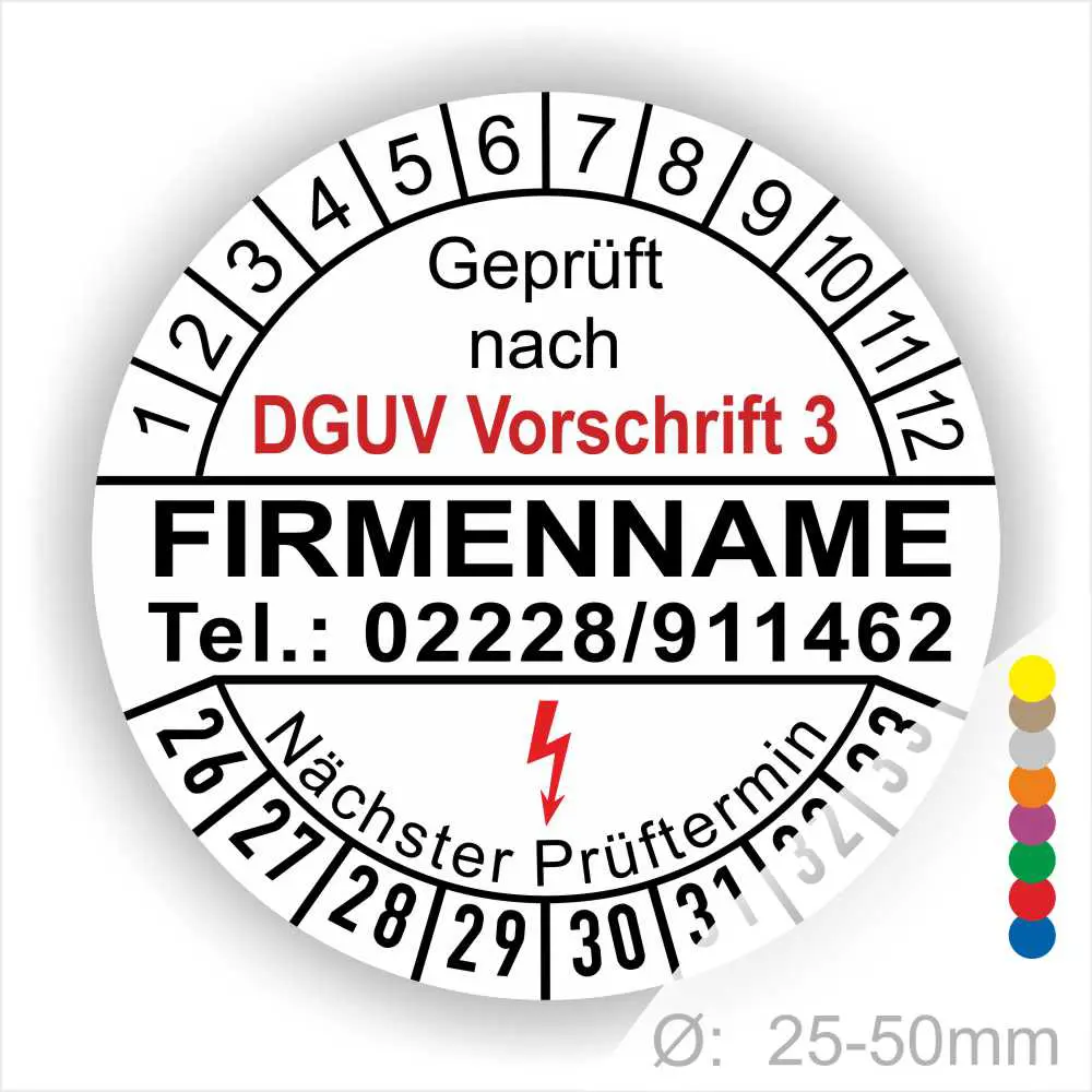 Prüfsiegel gemäß DGUV Vorschrift 3 mit Platz für Firmennamen und Kontaktdaten. Anzeige des nächsten Prüftermins und Durchmesser von 25-50 mm.