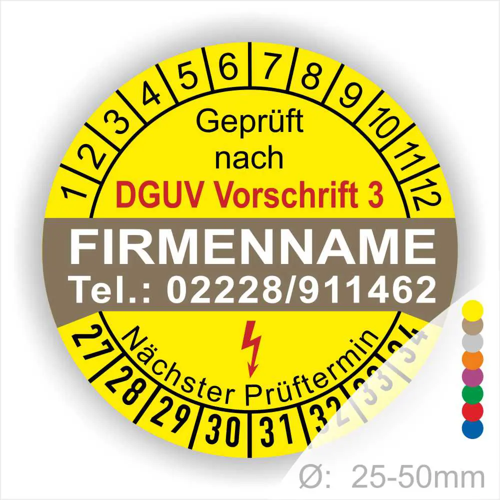 Prüfsiegel nach DGUV Vorschrift 3 mit Kontaktdaten einer Firma, nächster Prüftermin und Durchmesserangabe von 25-50 mm.