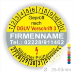 Prüfsiegel mit DGUV Vorschrift 3, angibt den nächsten Prüftermin und Kontaktdaten der Firma, Durchmesser 25-50 mm, gelbes Design mit farbigen Markierungen zur visuellen Kennzeichnung.