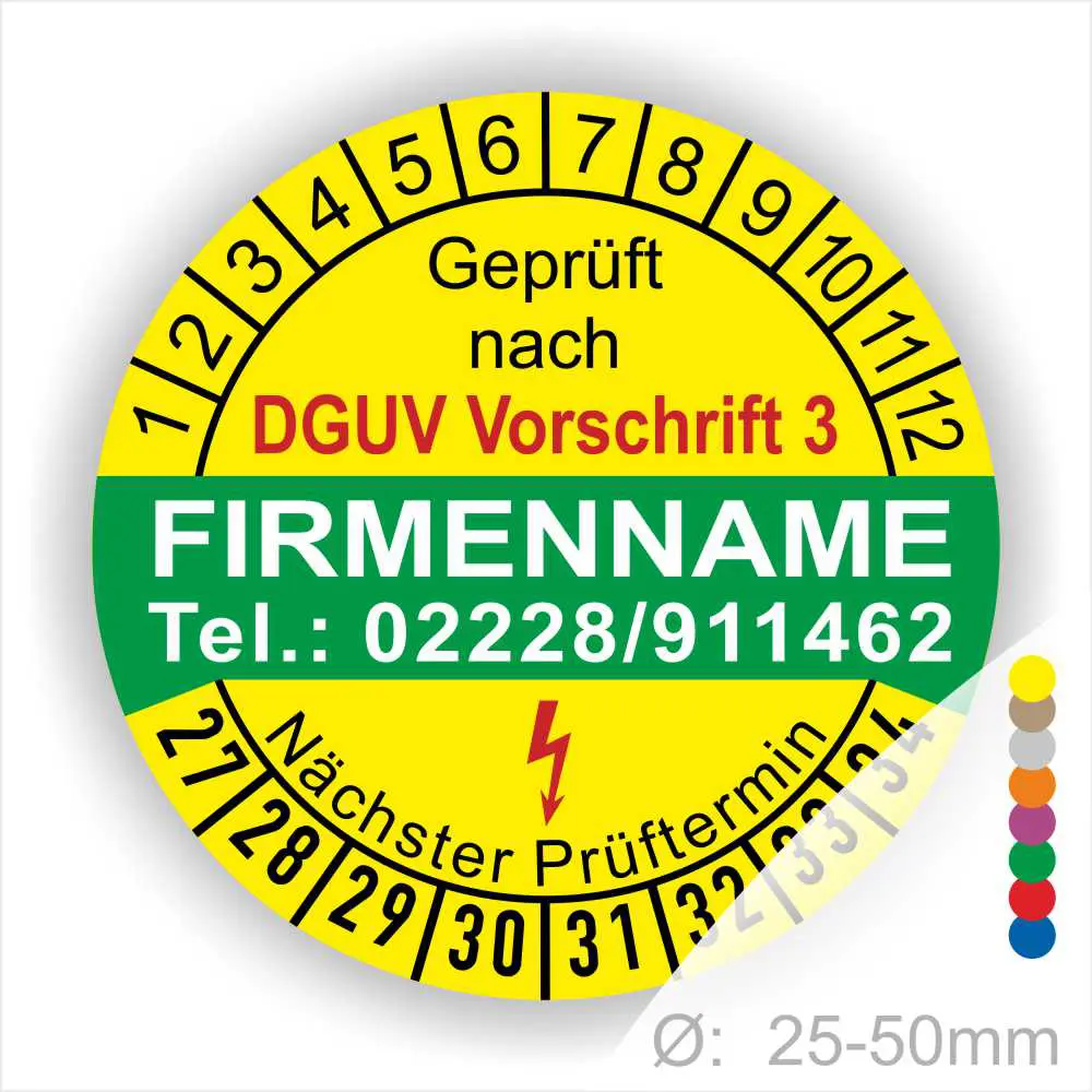 Prüfsiegel gemäß DGUV Vorschrift 3 mit Platz für Firmenname und Kontaktdaten, inklusive nächstem Prüftermin. Ideal für die Kennzeichnung von geprüften Geräten im Bereich Sicherheit und Arbeitsschutz. Durchmesser 25-50 mm.