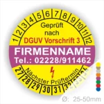 Sicherheitsprüfsiegel nach DGUV Vorschrift 3 mit Platz für den Firmennamen und Kontaktdaten, zeigt den nächsten Prüftermin an und hat einen Durchmesser von 25-50 mm.