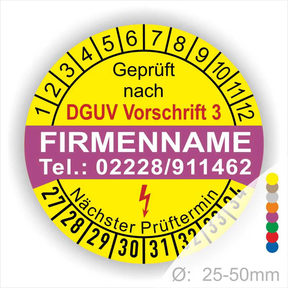 Sicherheitsprüfsiegel nach DGUV Vorschrift 3 mit Platz für den Firmennamen und Kontaktdaten, zeigt den nächsten Prüftermin an und hat einen Durchmesser von 25-50 mm.