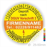 Prüfzertifikat gemäß DGUV Vorschrift 3 mit Platz für Firmenname und Kontaktdaten, zeigt nächsten Prüftermin an, Durchmesser 25-50mm.