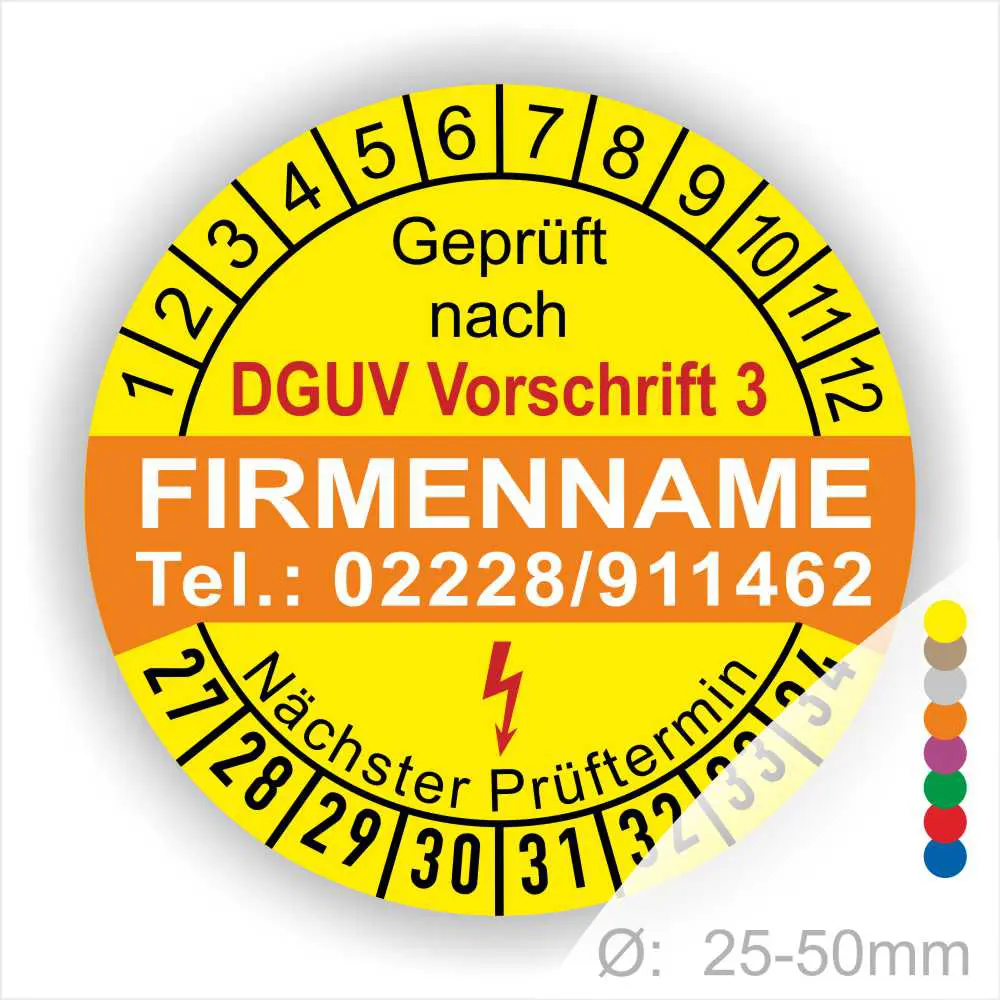 Prüfzertifikat gemäß DGUV Vorschrift 3 mit Platz für Firmenname und Kontaktdaten, zeigt nächsten Prüftermin an, Durchmesser 25-50mm.