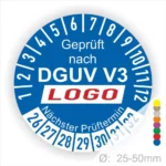 Prüfzertifikat nach DGUV V3, blaues Rundschild mit Prüfnummern von 1 bis 12 und nächsten Prüftermin, Durchmesser von 25-50 mm.