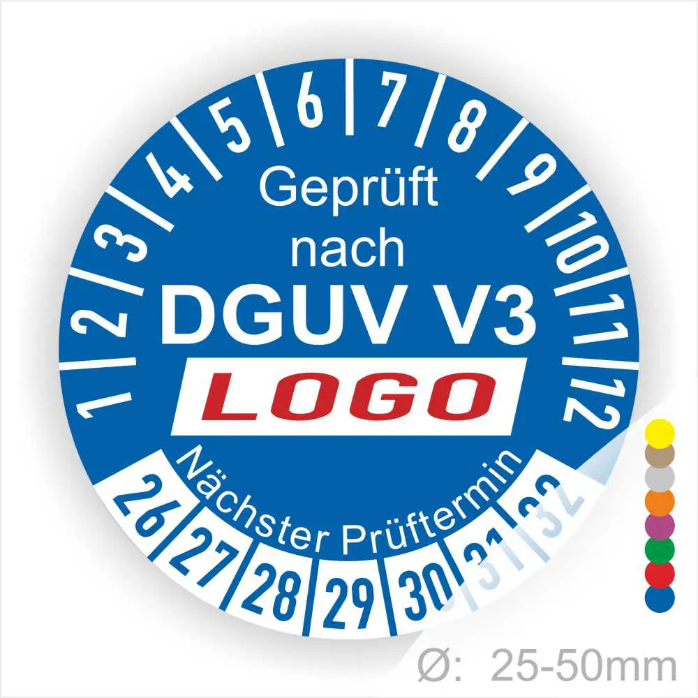 Prüfzertifikat nach DGUV V3, blaues Rundschild mit Prüfnummern von 1 bis 12 und nächsten Prüftermin, Durchmesser von 25-50 mm.