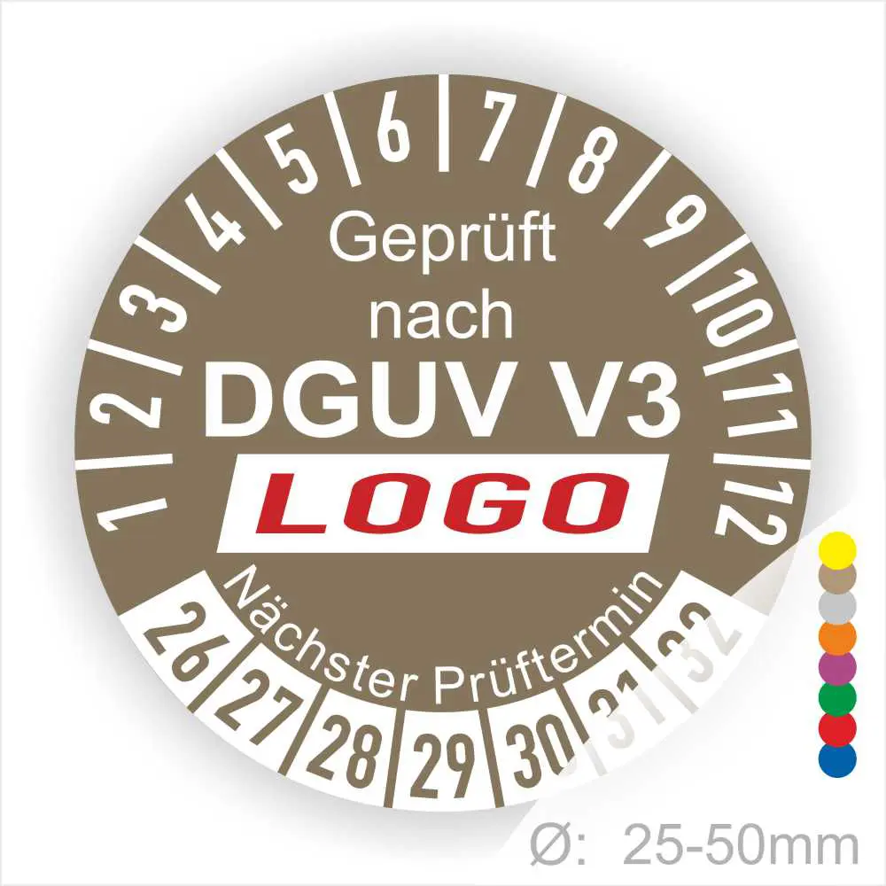 Prüfzertifikat nach DGUV V3 für Geräte mit einem Durchmesser von 25-50 mm, mit Angabe des nächsten Prüftermins und dem Logo des Unternehmens.