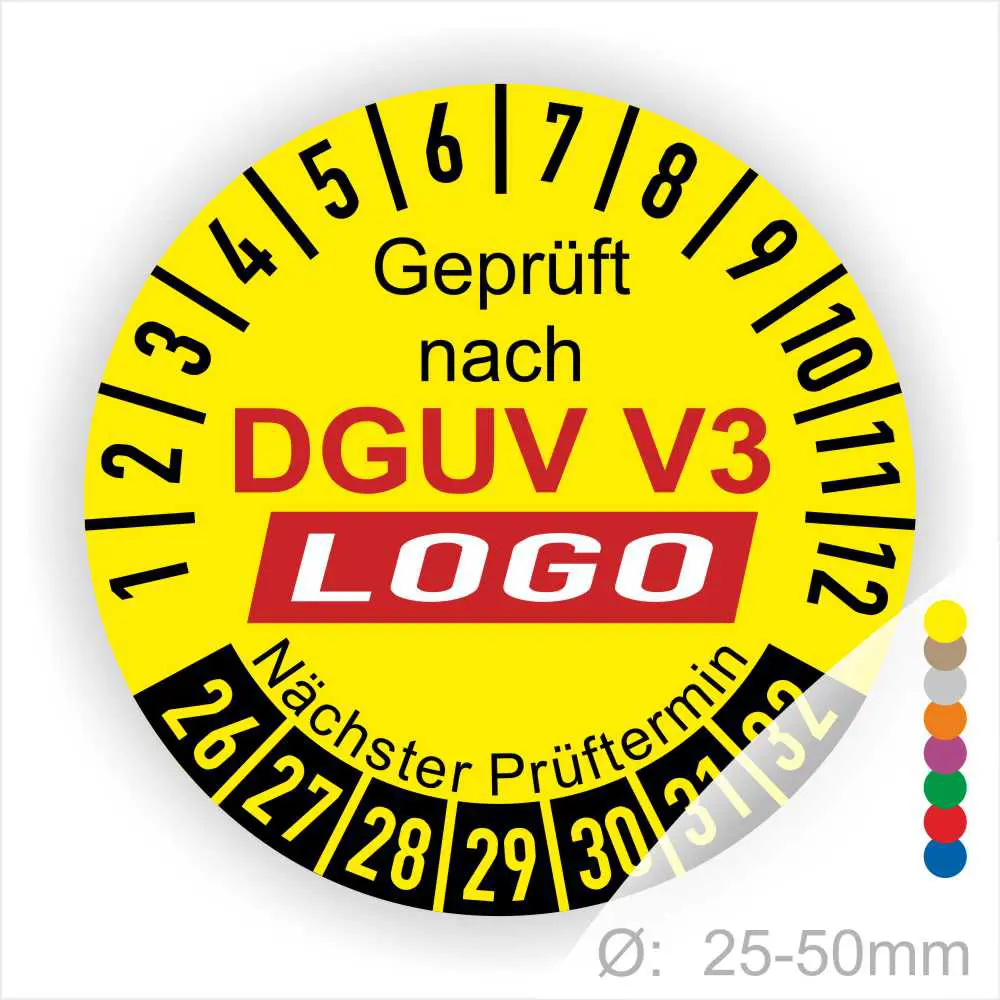 Gelbes Prüfzeichen nach DGUV V3 mit nächstem Prüftermin, geeignet für Geräte mit einem Durchmesser von 25-50 mm.